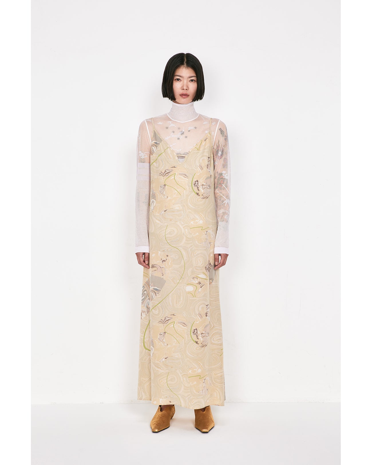 Marble Print Silk Camisole Dress - beige