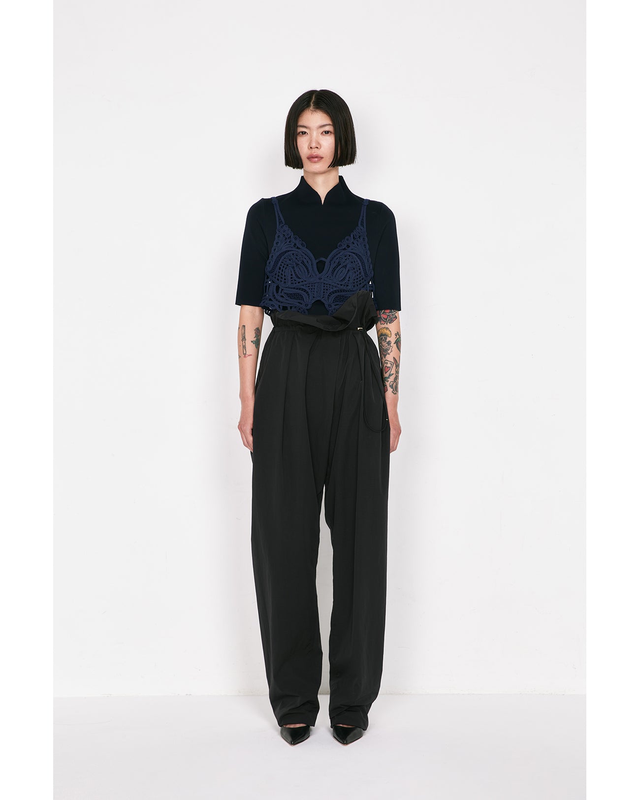 Asymmetric Neck Knitted Top - black
