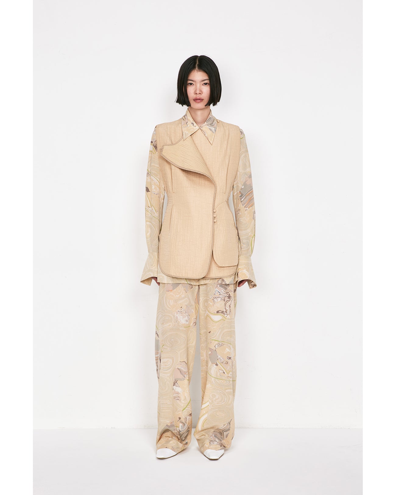 Marble Print Silk Shirt - beige