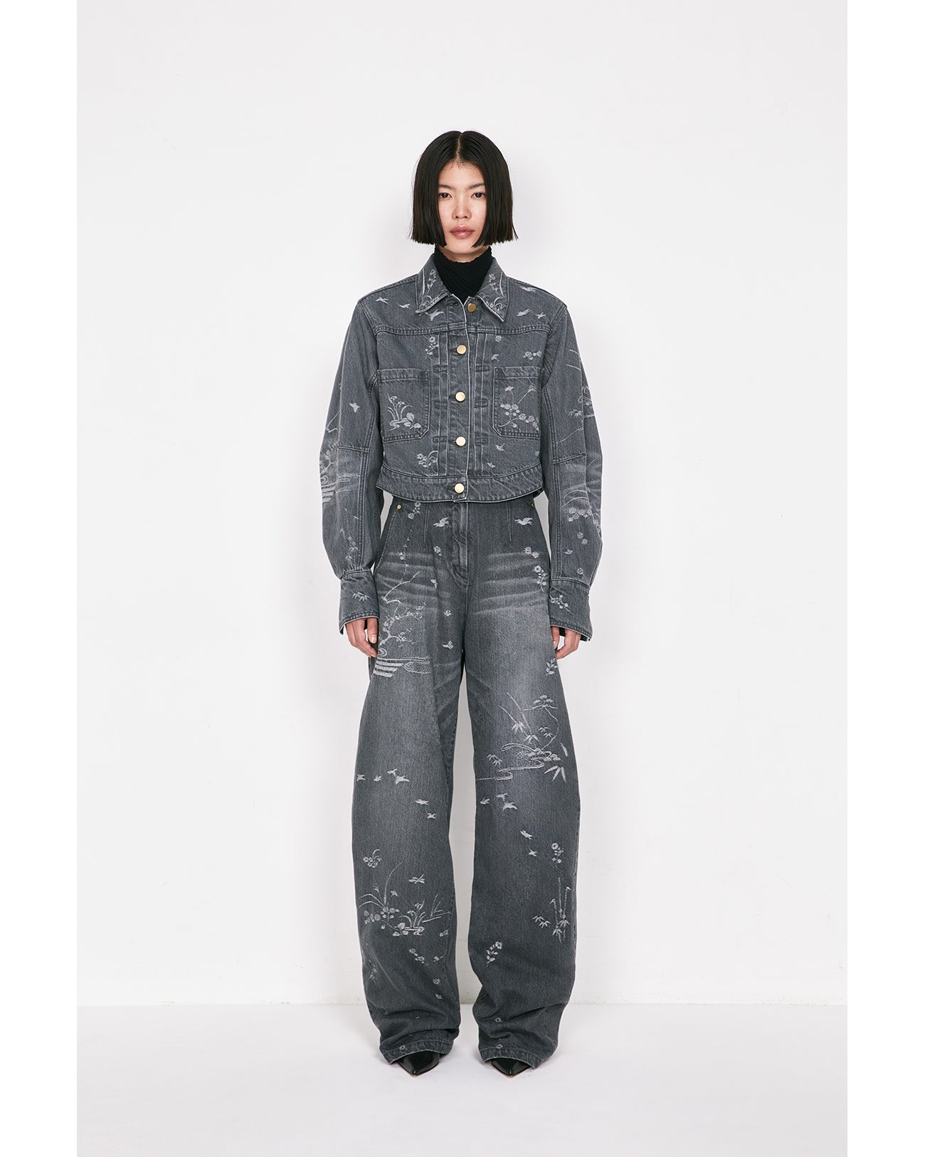 Nature Pattern Jacquard Short Denim Jacket - blue