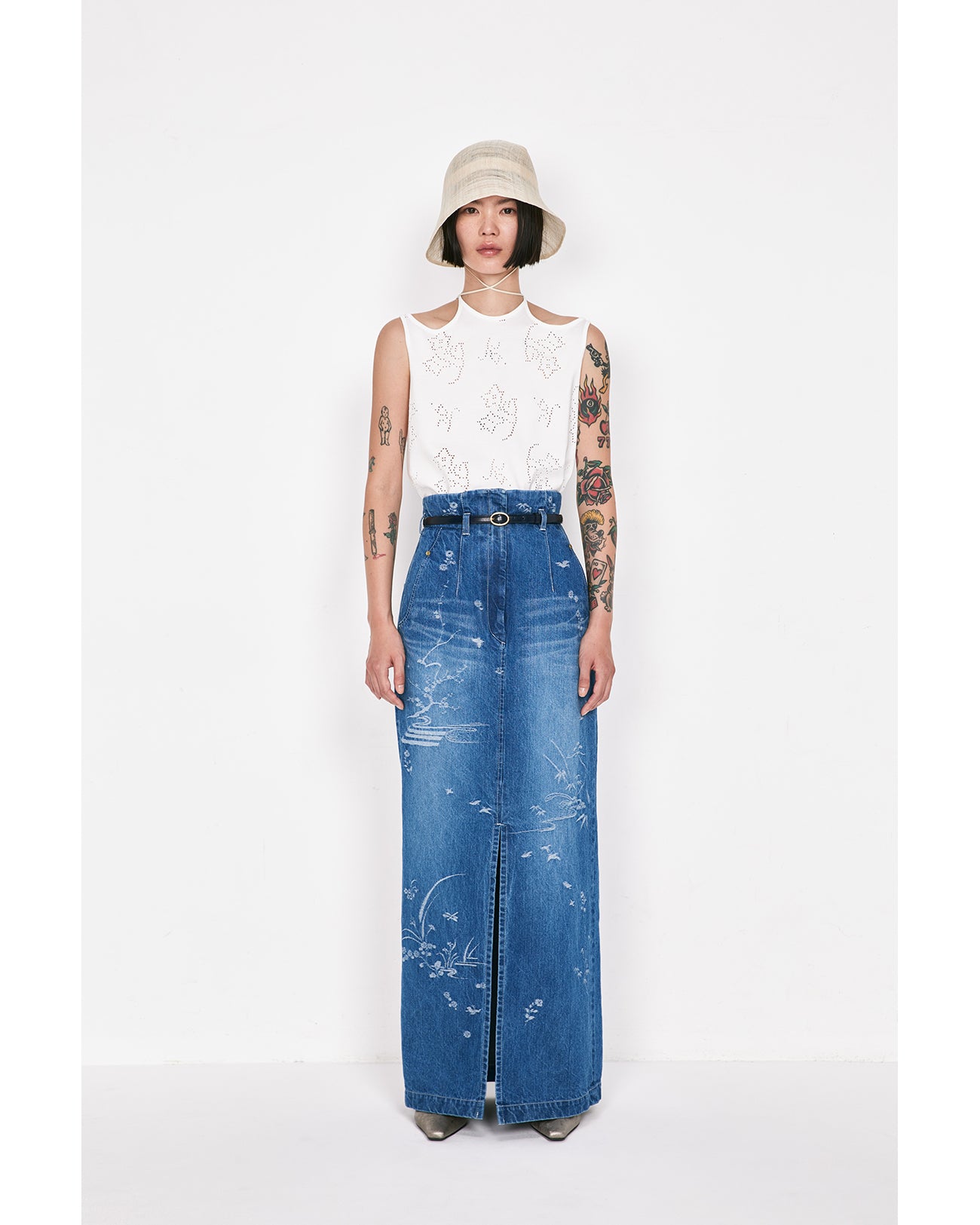 Nature Pattern Jacquard Denim Skirt - blue