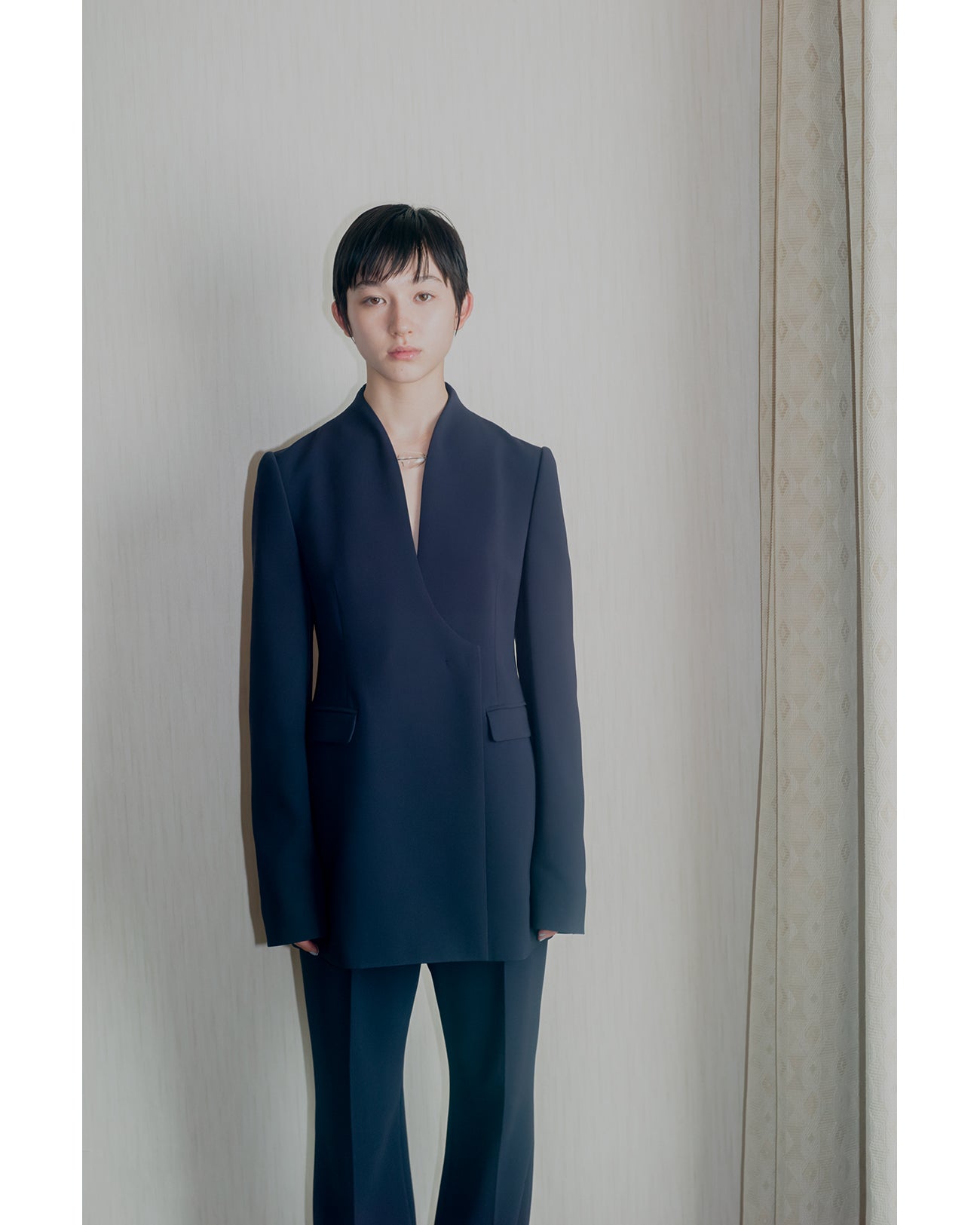 Acetate Polyester Collarless Double Breasted Suit Jacket - black