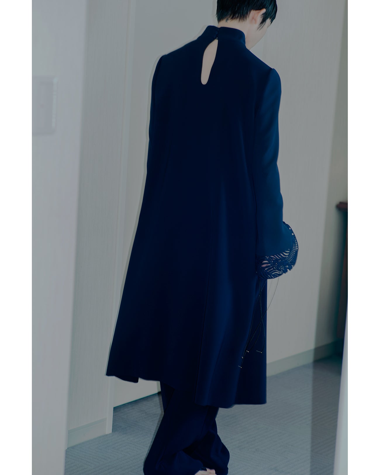 Acetate Polyester High Waisted Center Creased Suit Trousers - navy