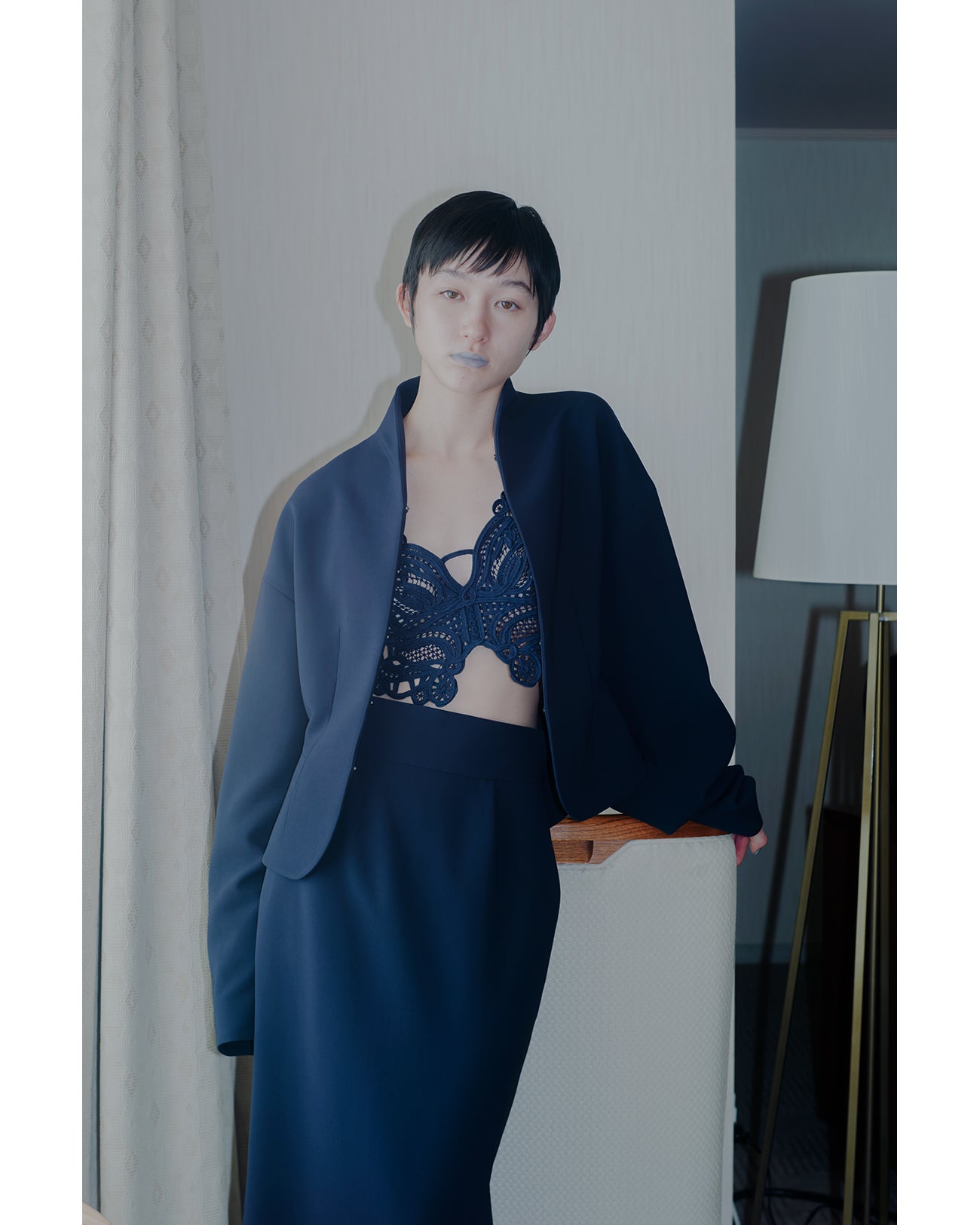 Acetate Polyester Collarless Short Jacket - navy