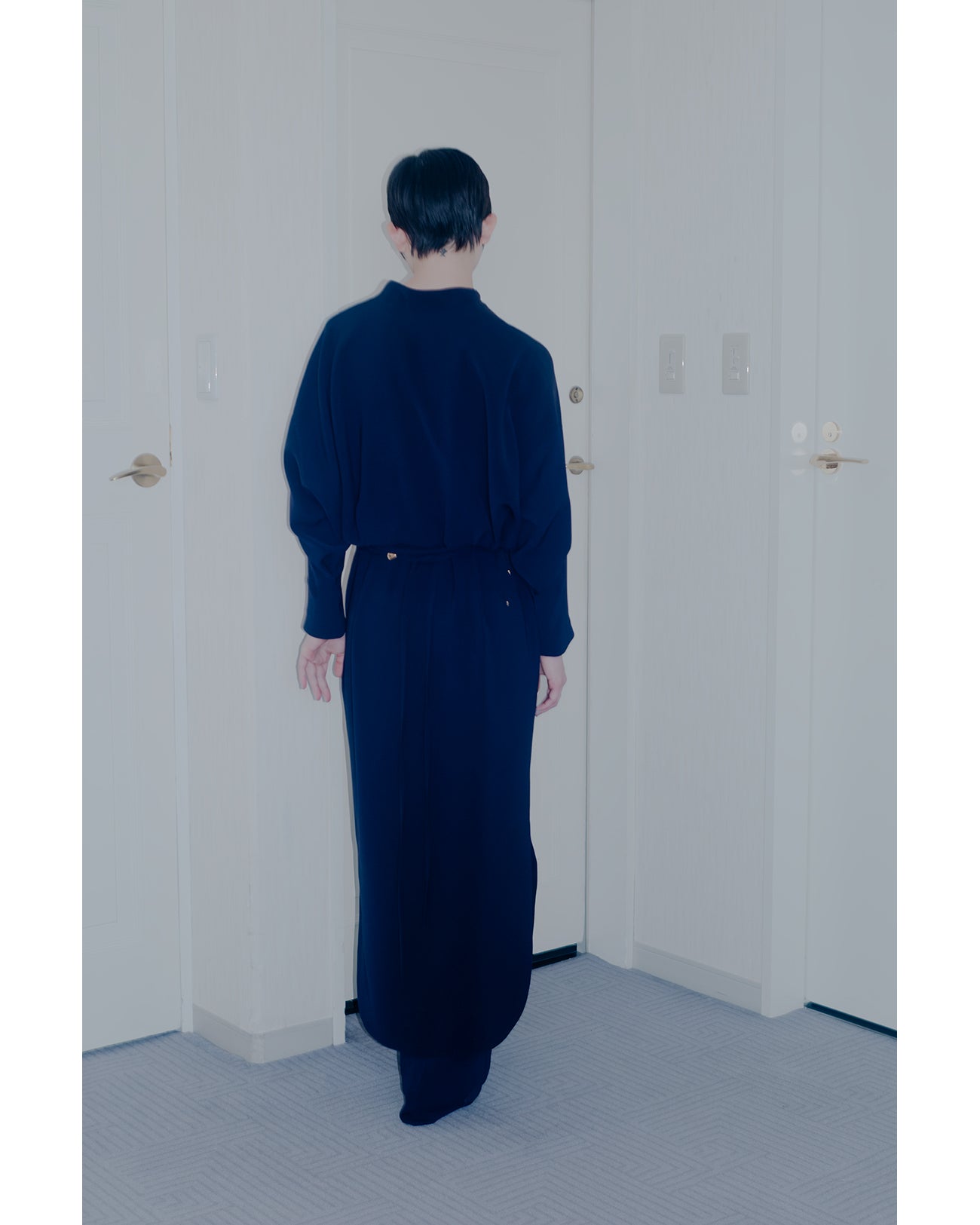 Triacetate Polyester Georgette V-Neck Dress - navy
