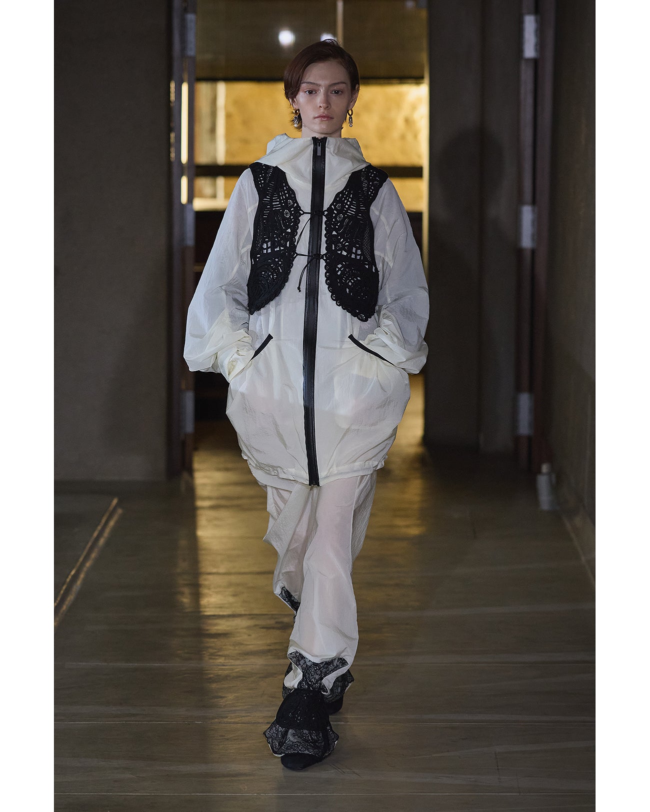 Nylon Oversized Jacket with Cording Embroidery Vest - ecru - Mame