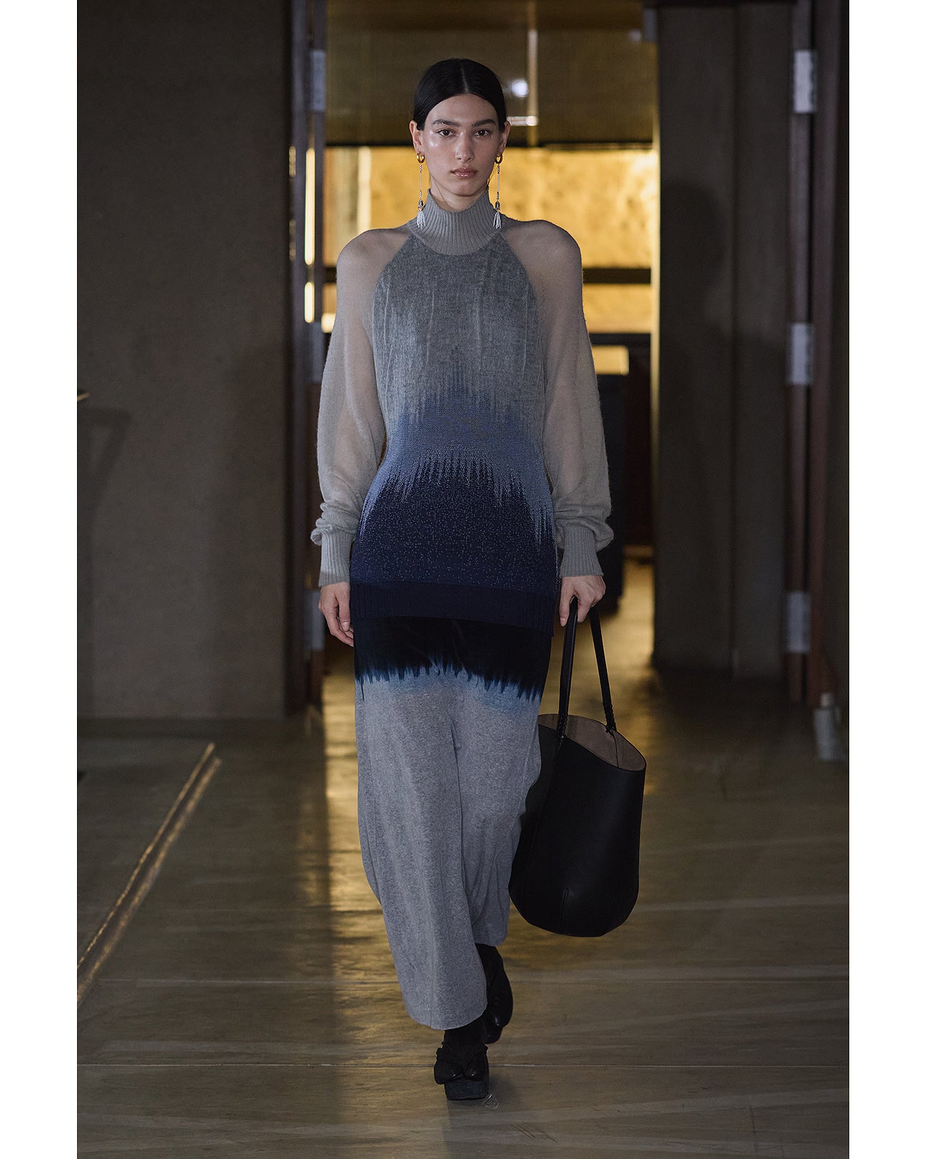 Sheer Jacquard High Neck Knit Top - navy - Mame Kurogouchi
