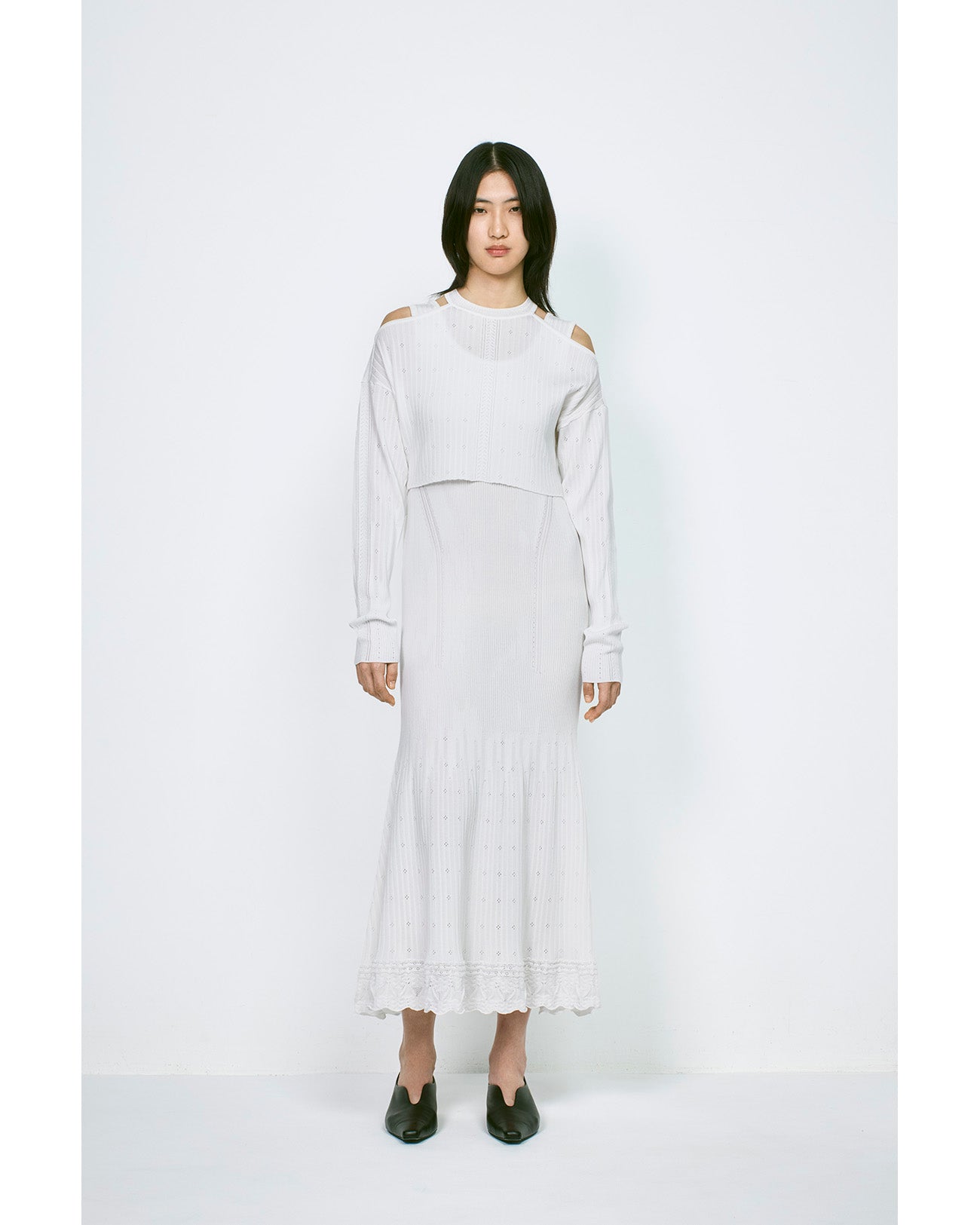 Ribbed Eyelet Knit Long Sleeve Top - white - Mame Kurogouchi