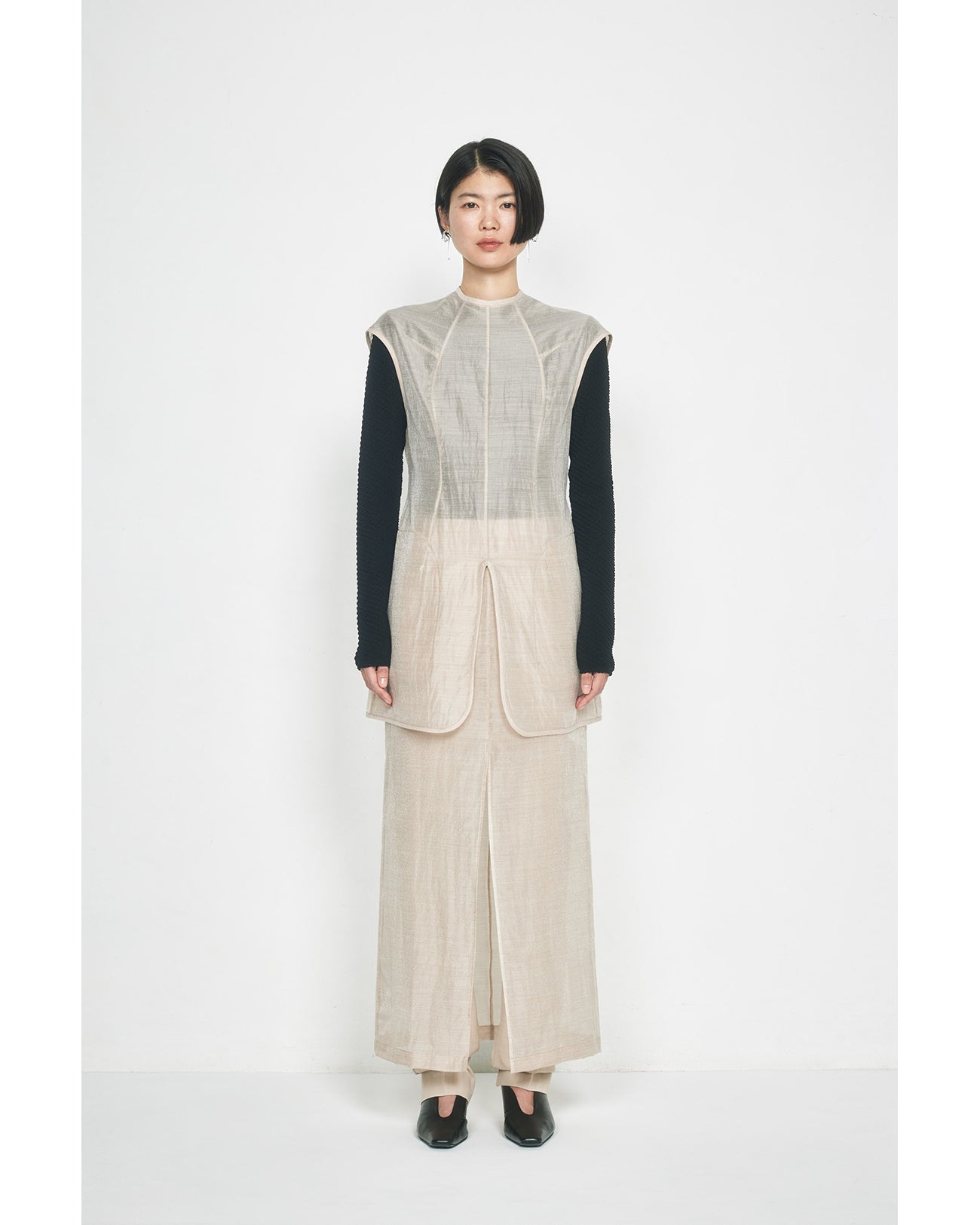 Shirring Jersey Jacquard Long Sleeve Top - black - Mame Kurogouchi