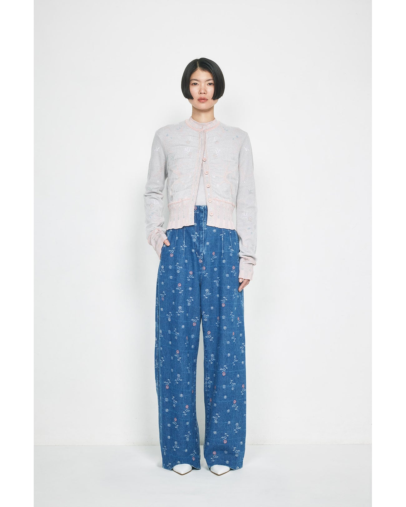 Floral Jacquard High Waisted Denim Trousers - blue - Mame Kurogouchi