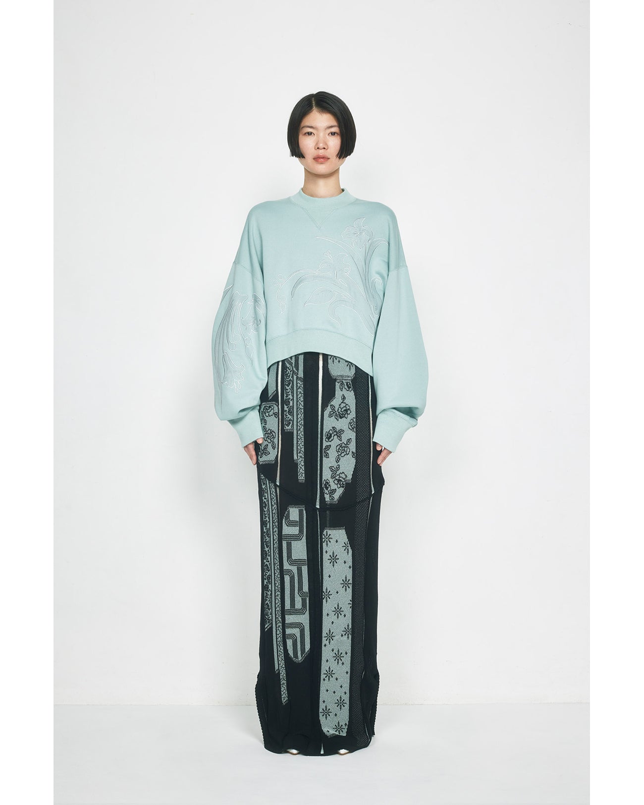KISHIDA MIKI つけ袖 Floral Jacquard Sheer Knit Dress - navy - Mame Kurogouchi