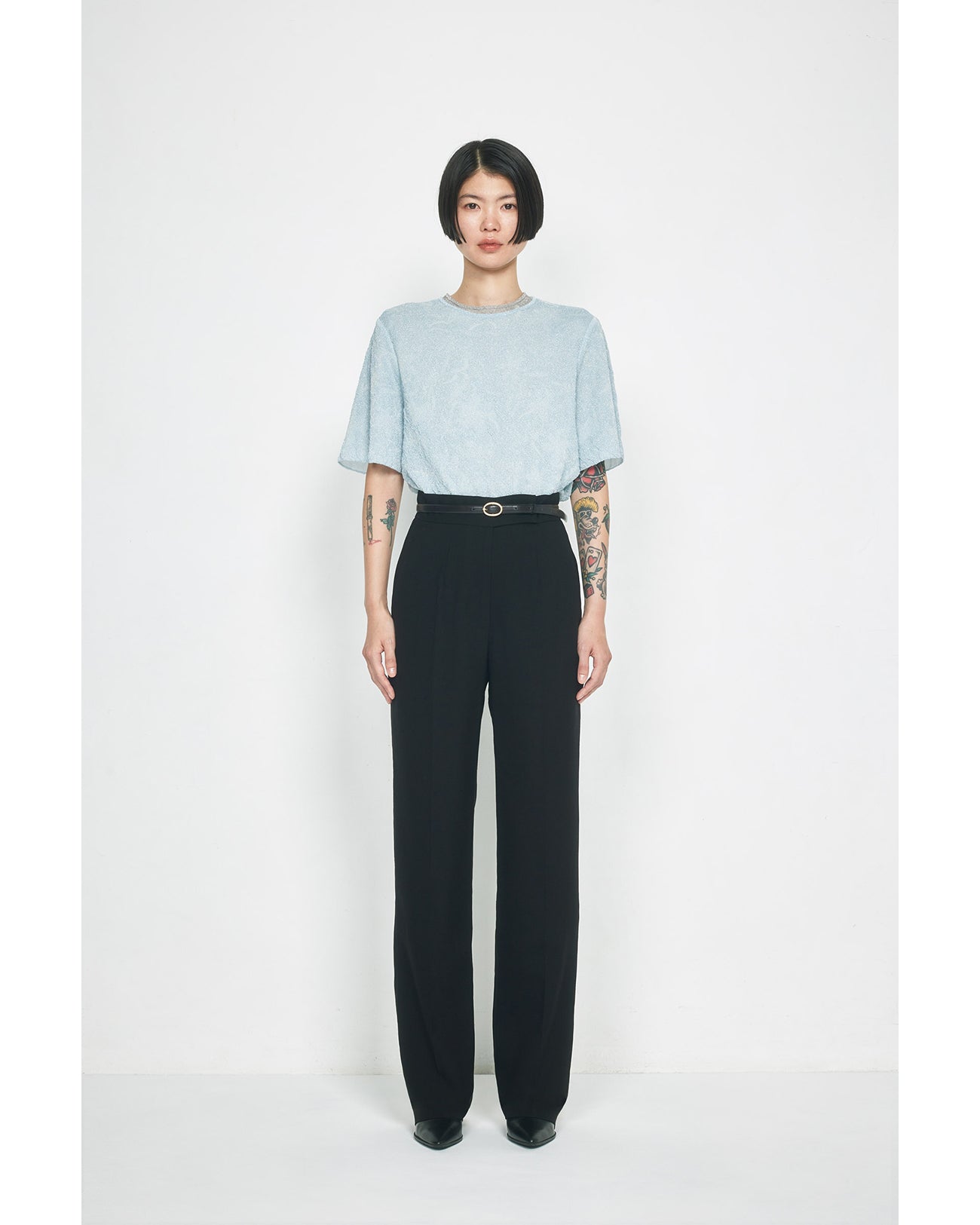 Floral Jacquard Sheer Short Sleeve Knit Top - blue - Mame Kurogouchi