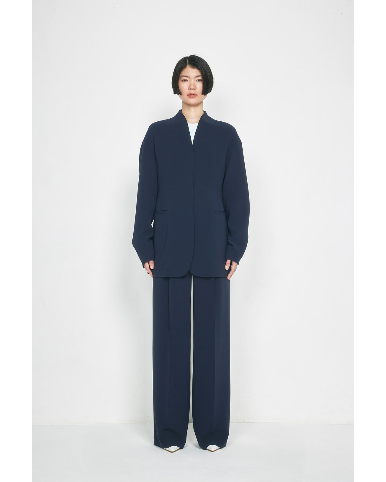Triacetate Polyester Dropped Shoulder Jacket - navy - Mame Kurogouchi Triacetate Polyester Dropped Shoulder Jacket - navy - Mame Kurogouchi