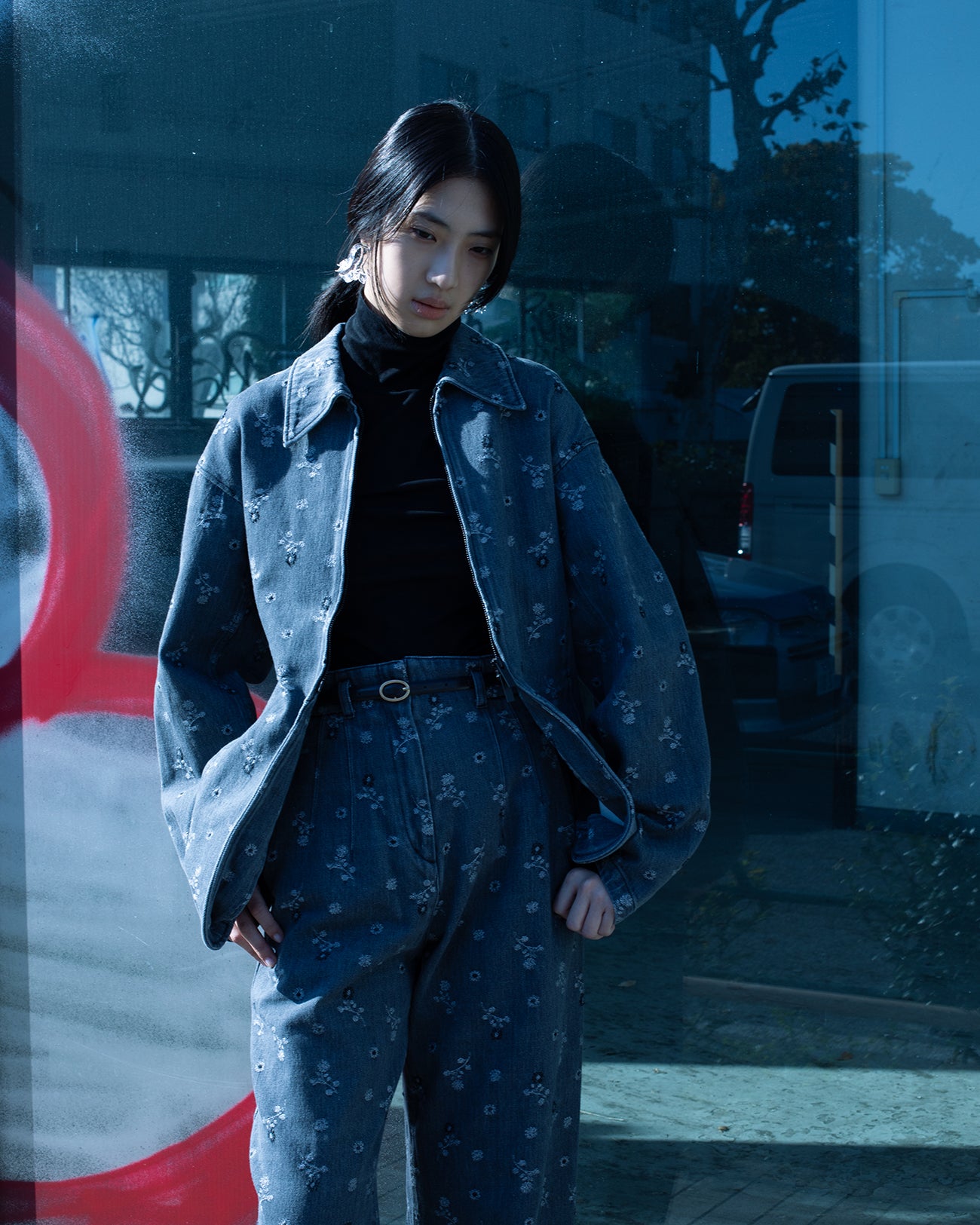 Floral Jacquard High Waisted Denim Trousers - grey - Mame Kurogouchi
