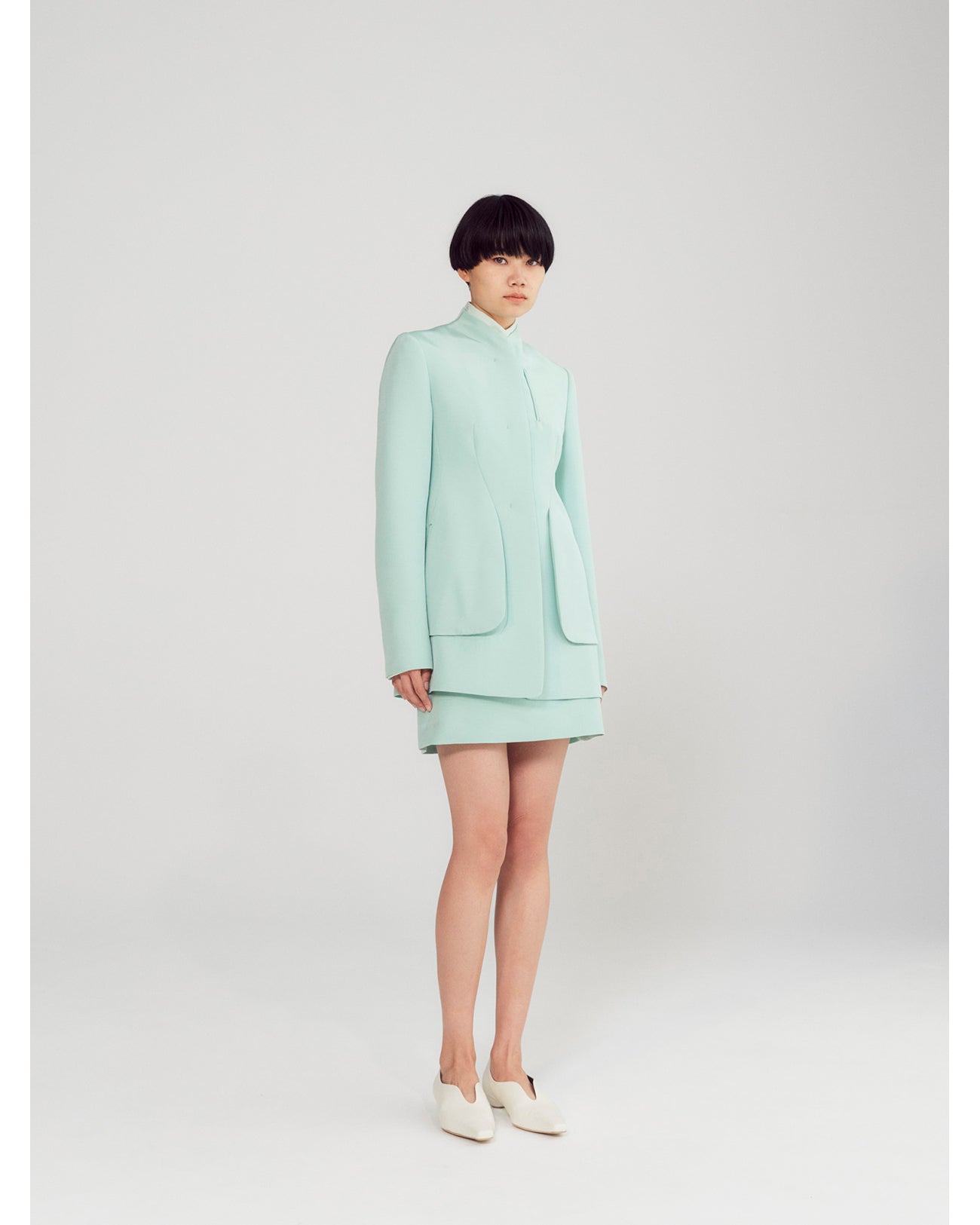 Silk Wool Double Cloth Stand Collar Jacket - mint green