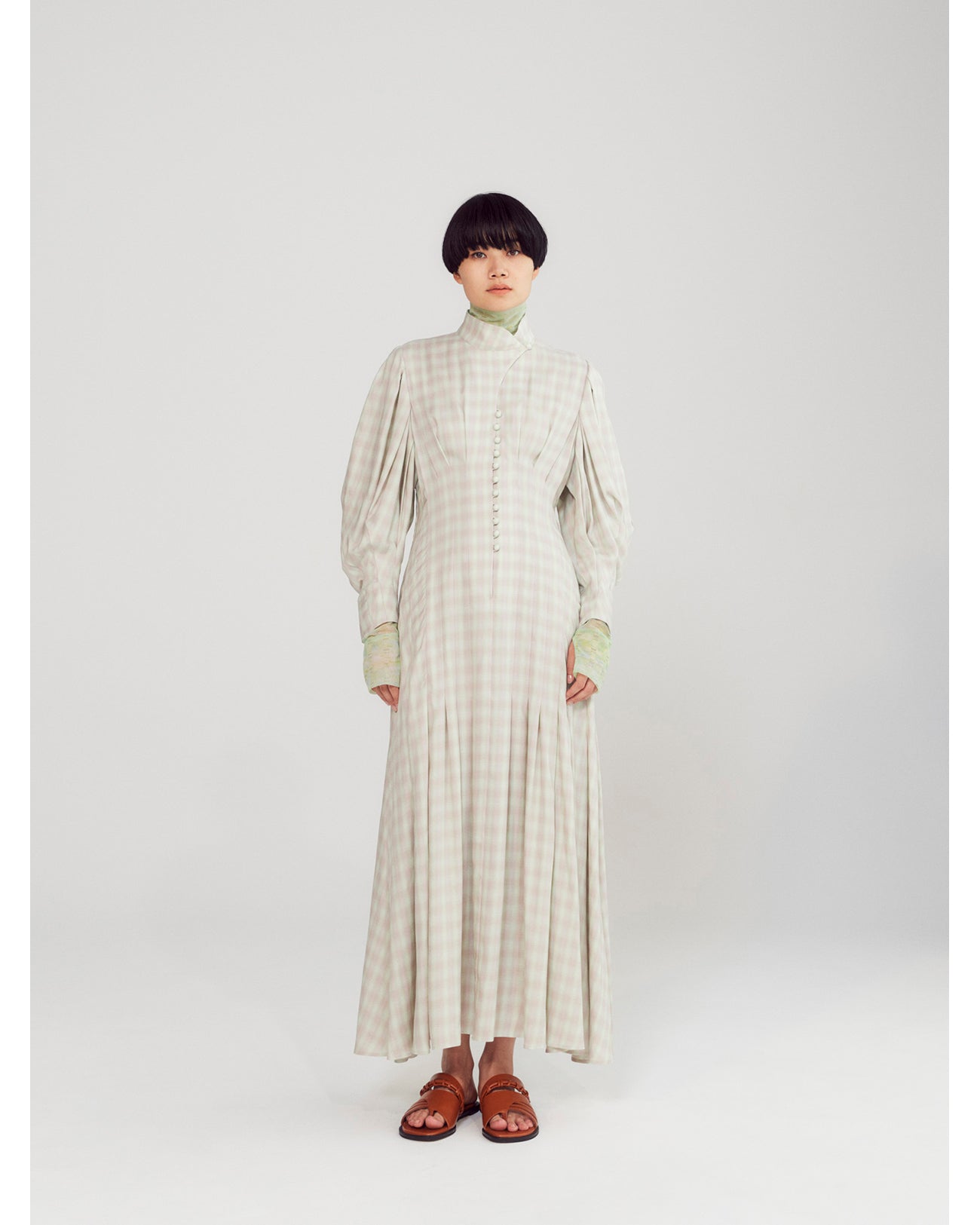 Linen Mix Ombre Check Flared Dress - mint green