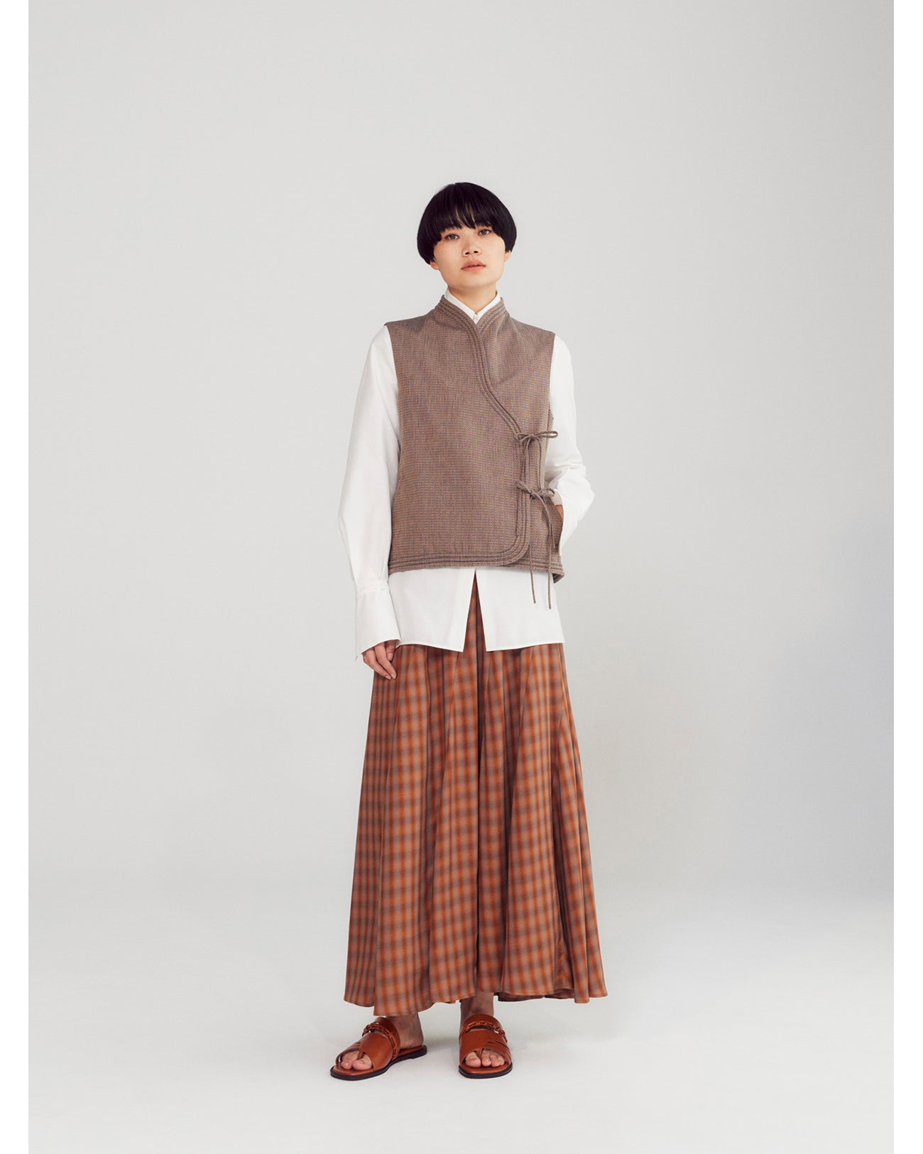 Linen Mix Ombre Check Flare Skirt - mint green - Mame Kurogouchi