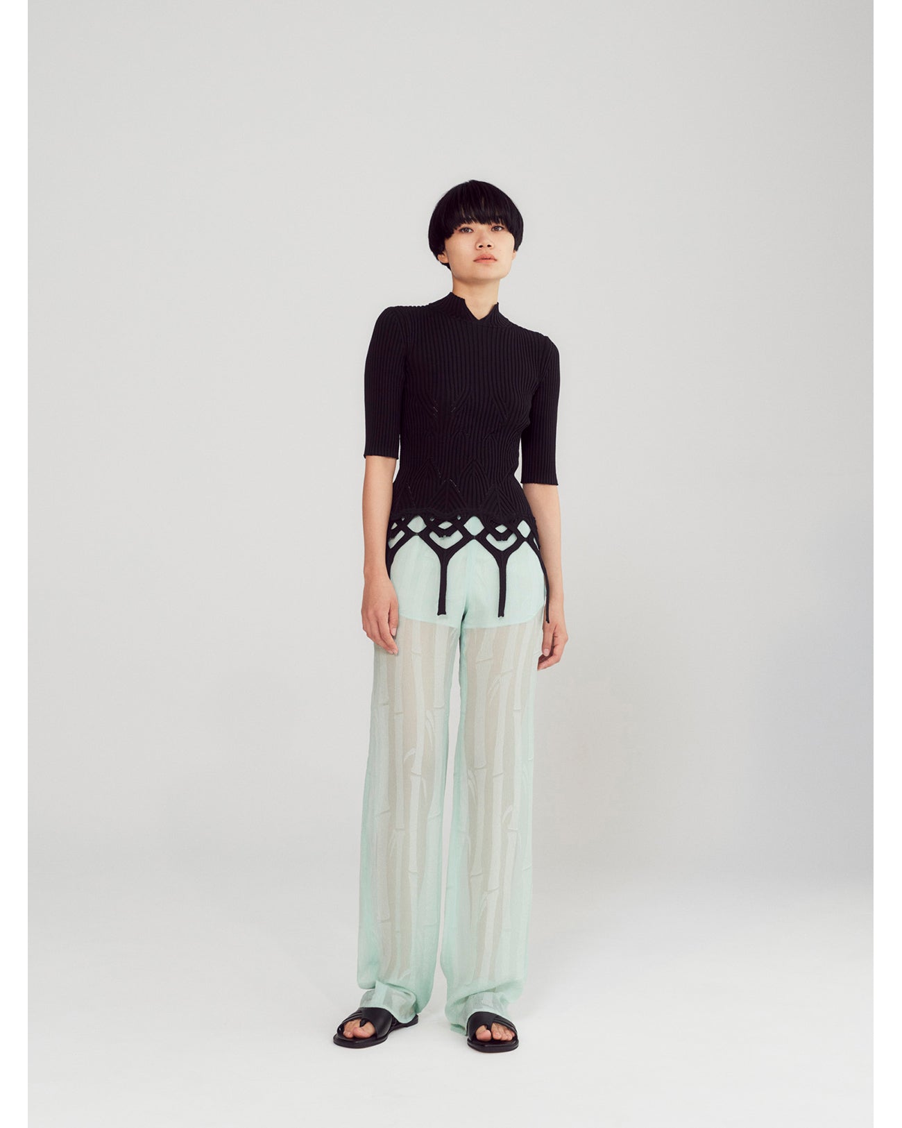 Bamboo Motif Willow Jacquard Sheer Trousers - mint green