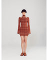 Random Ribbed Plaid Knitted Dress With Choker - brown