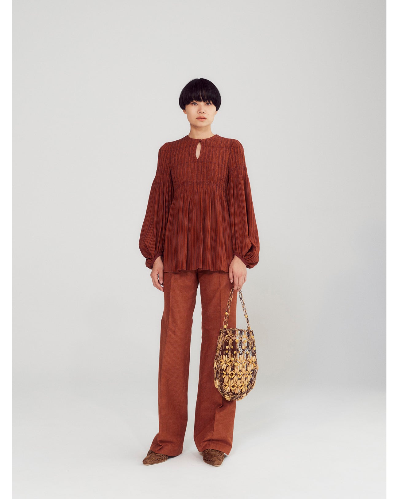 Bamboo Beaded Macrame Hand Bag - brown