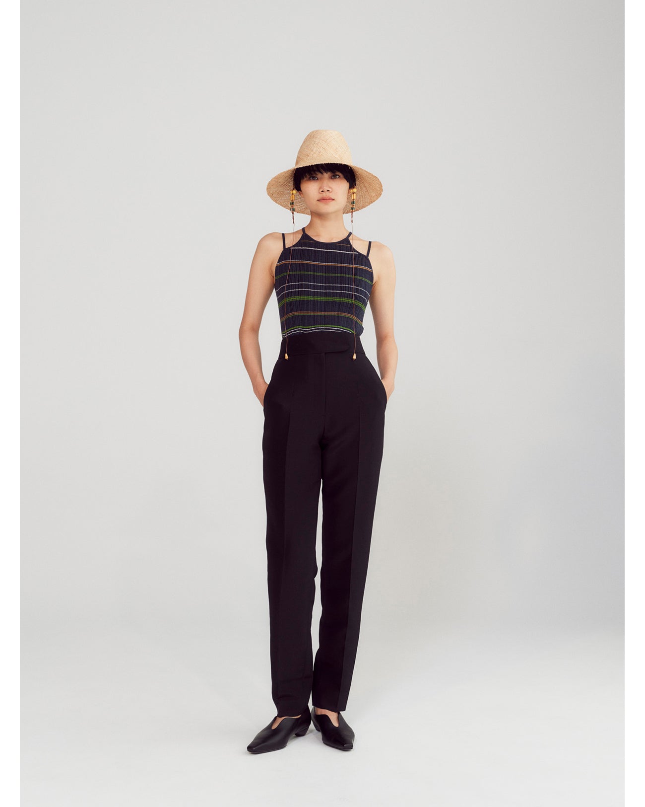 Wide Brim Bao Hat with Bamboo Beaded Cords - beige