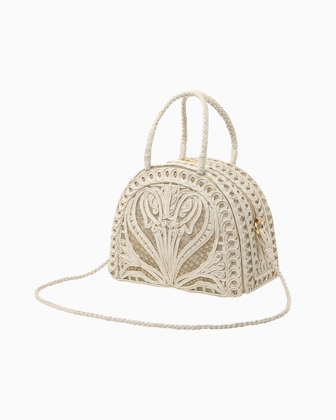 Cording Embroidery Demi Lune Handbag - beige
