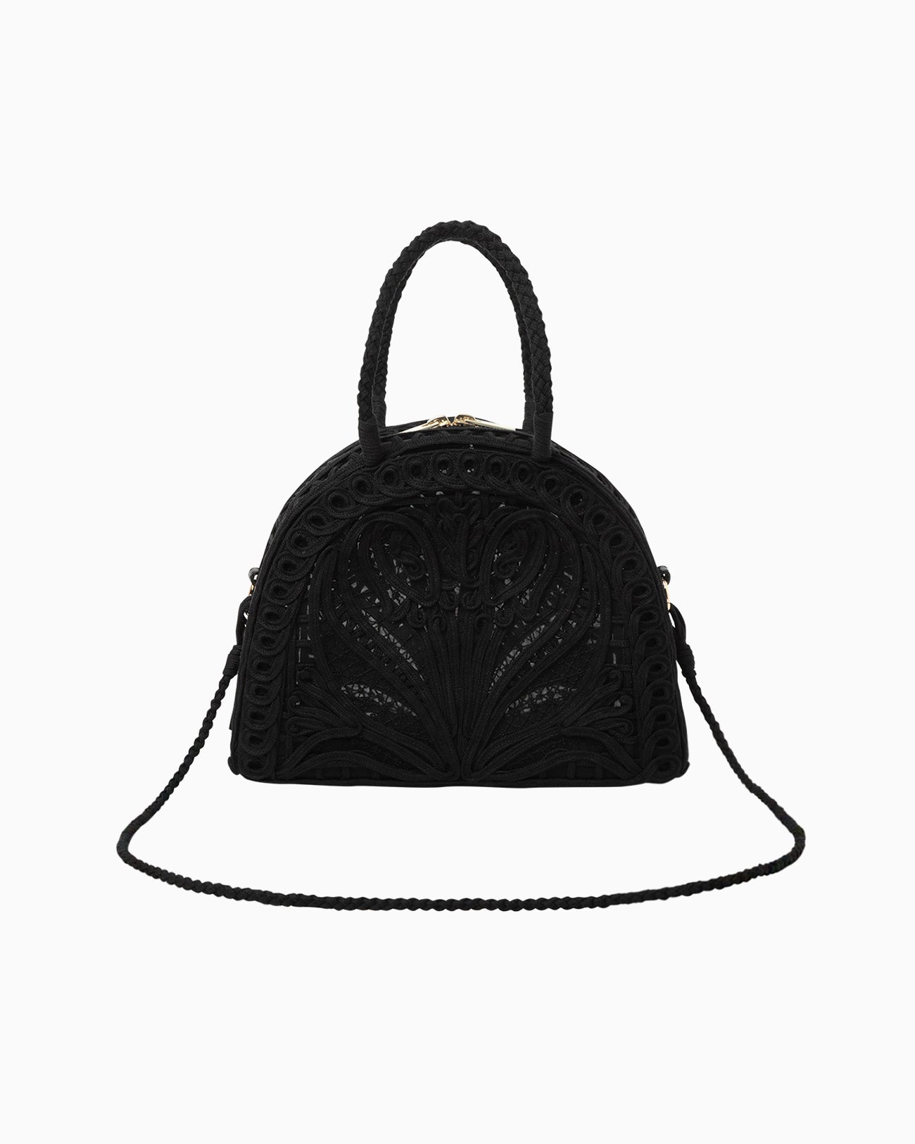 Cording Embroidery Demi Lune Handbag - black