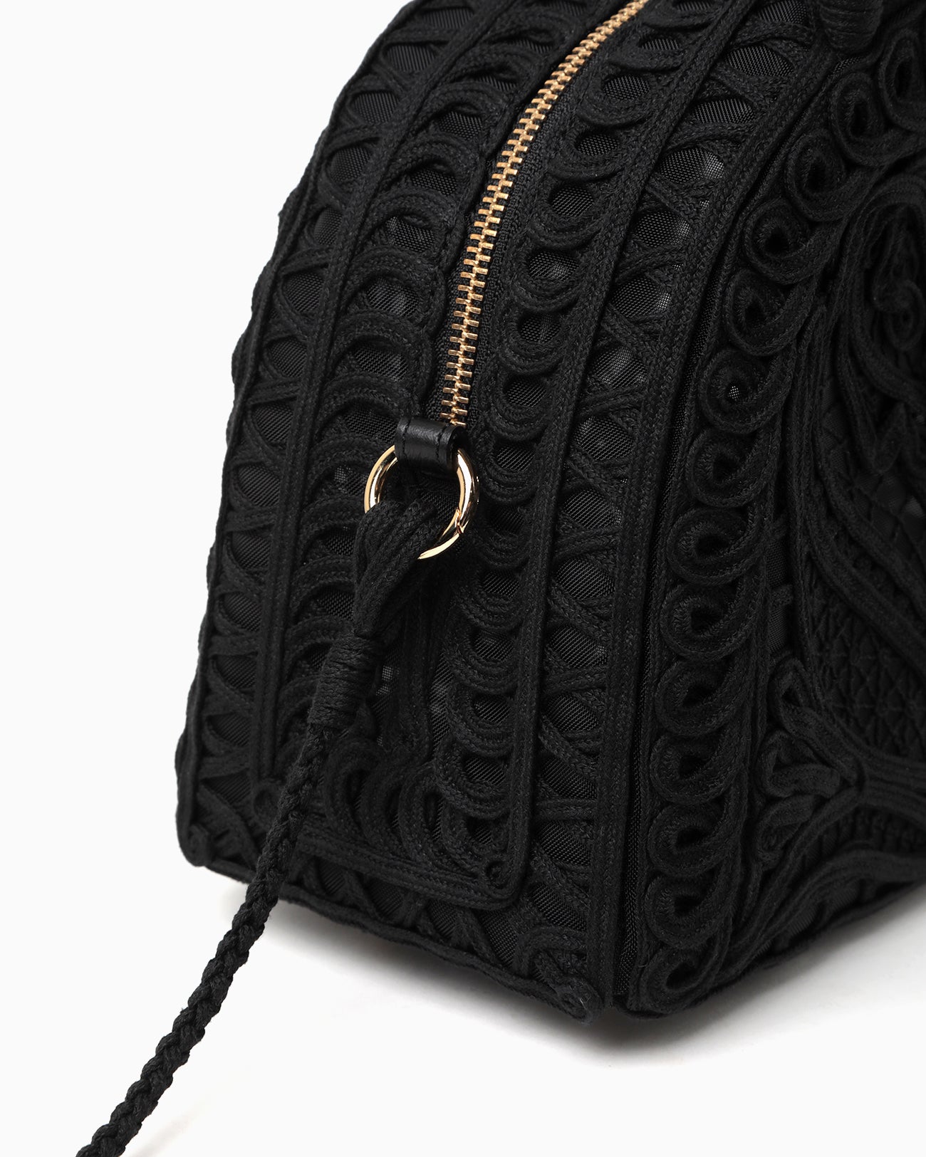 Cording Embroidery Demi Lune Handbag - black