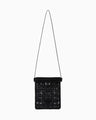 Cording Embroidery Pouch With Leather Strap - black