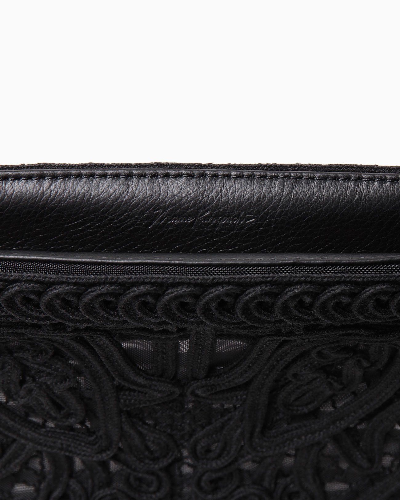 Cording Embroidery Pouch With Leather Strap - black