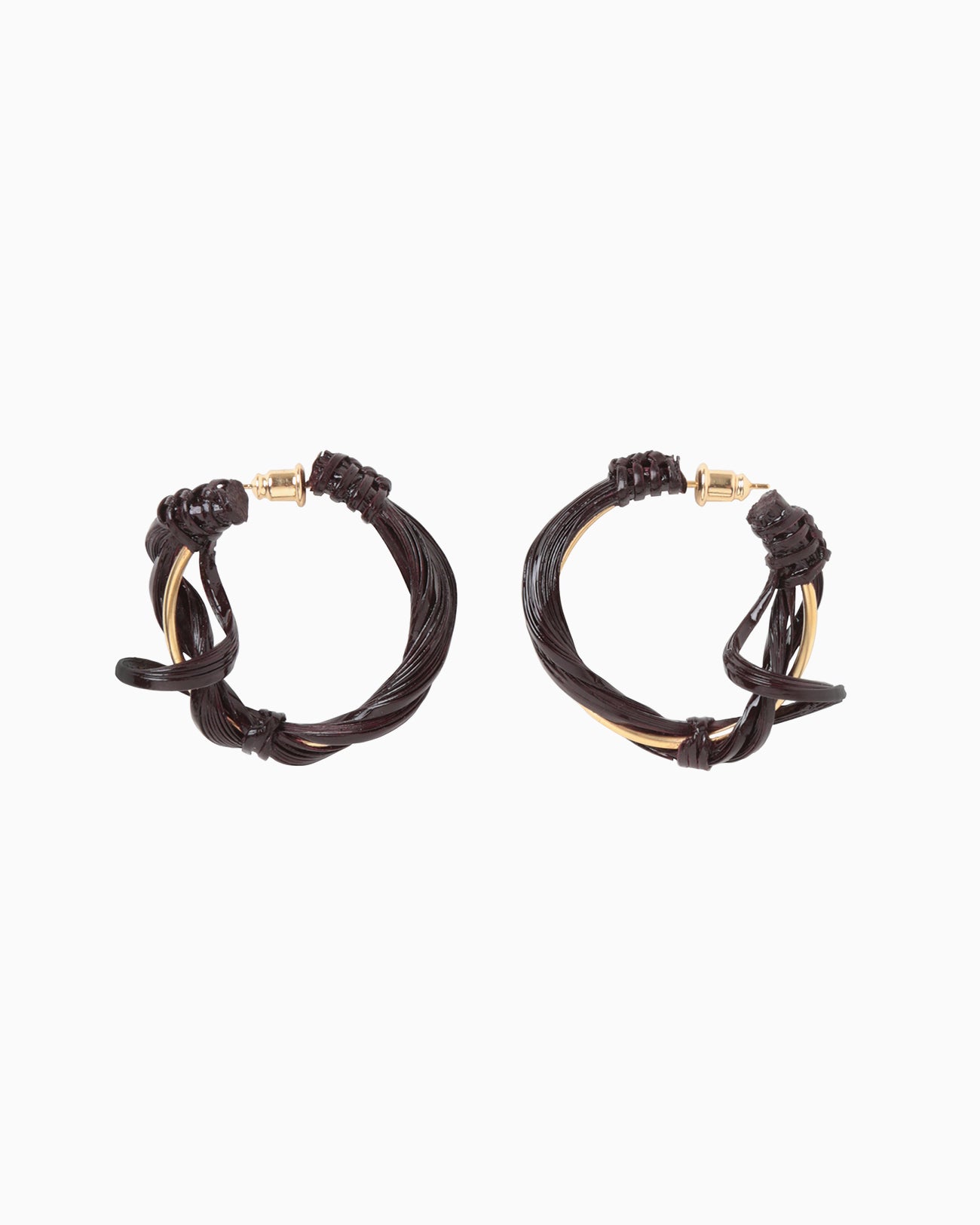 Bundled-Plait Basket Motif Bamboo Hoop Earrings - brown