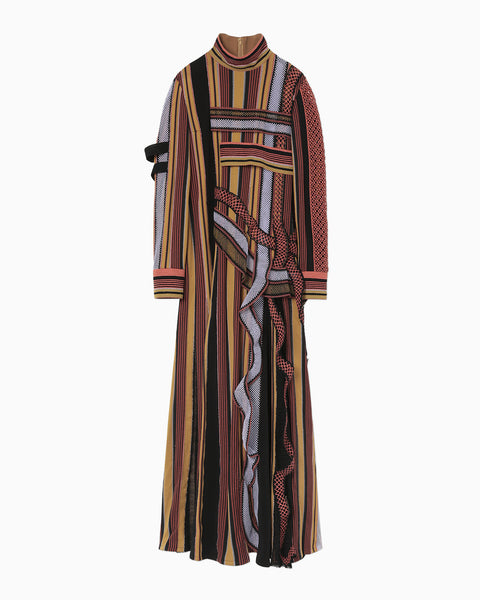 Raschel Jersey Torchon Lace Stripe Dress - brown
