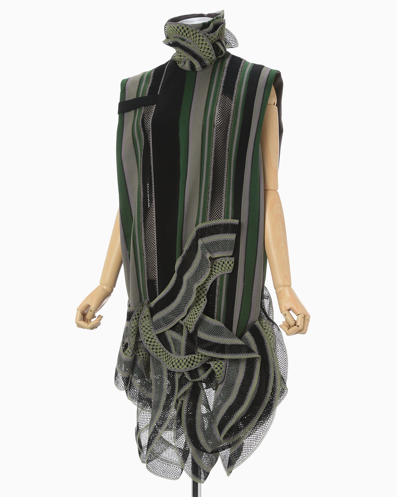 Raschel Jersey Torchon Lace Stripe Sleeveless Dress - khaki