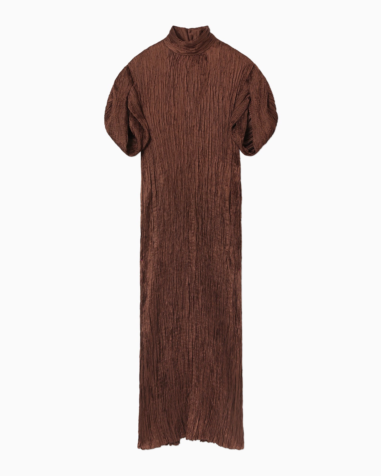 Wrinkle Pleats Puff Sleeve Dress - brown