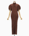 Wrinkle Pleats Puff Sleeve Dress - brown