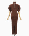 Wrinkle Pleats Puff Sleeve Dress - brown