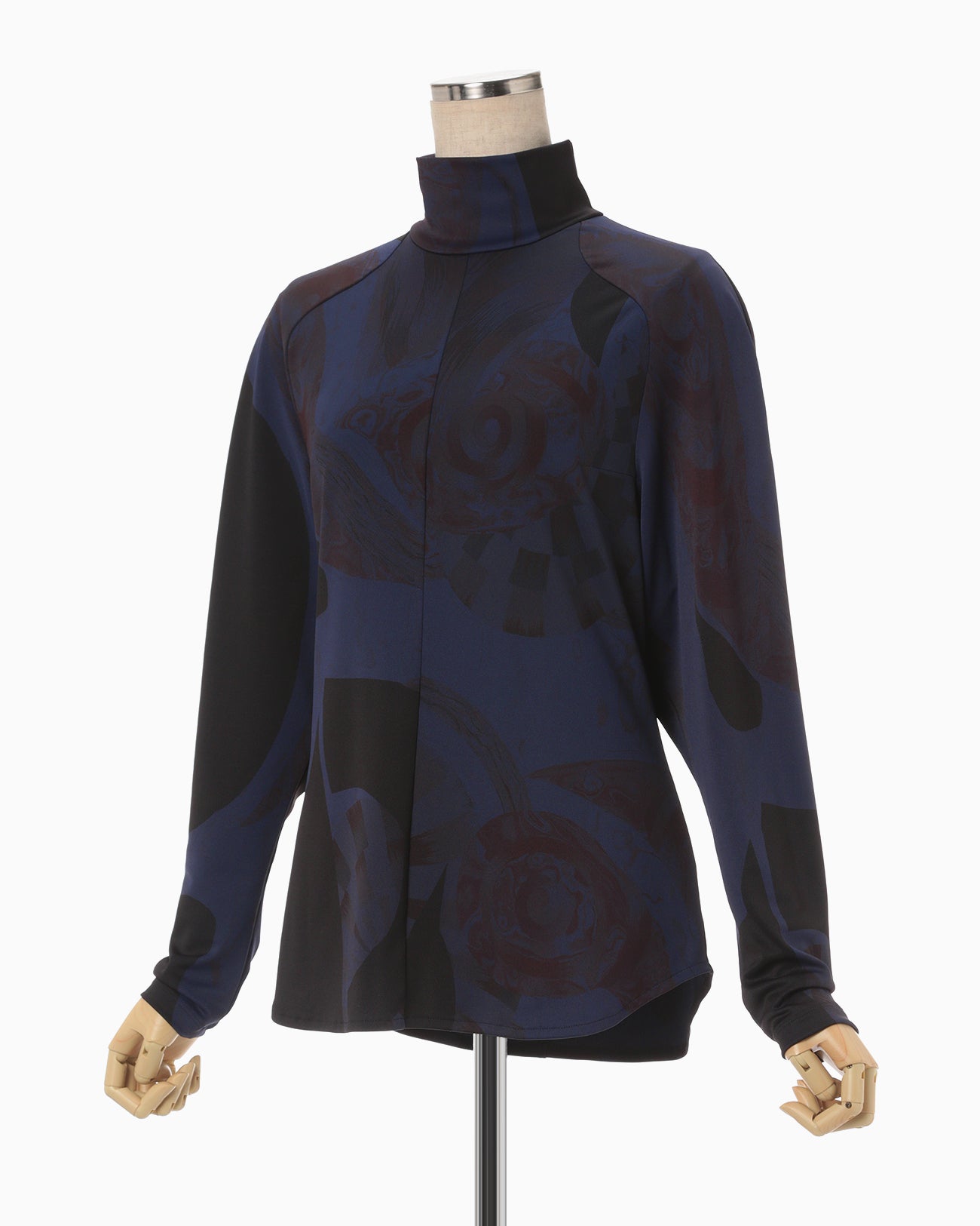 Marble Print High Neck Jersey Top - navy