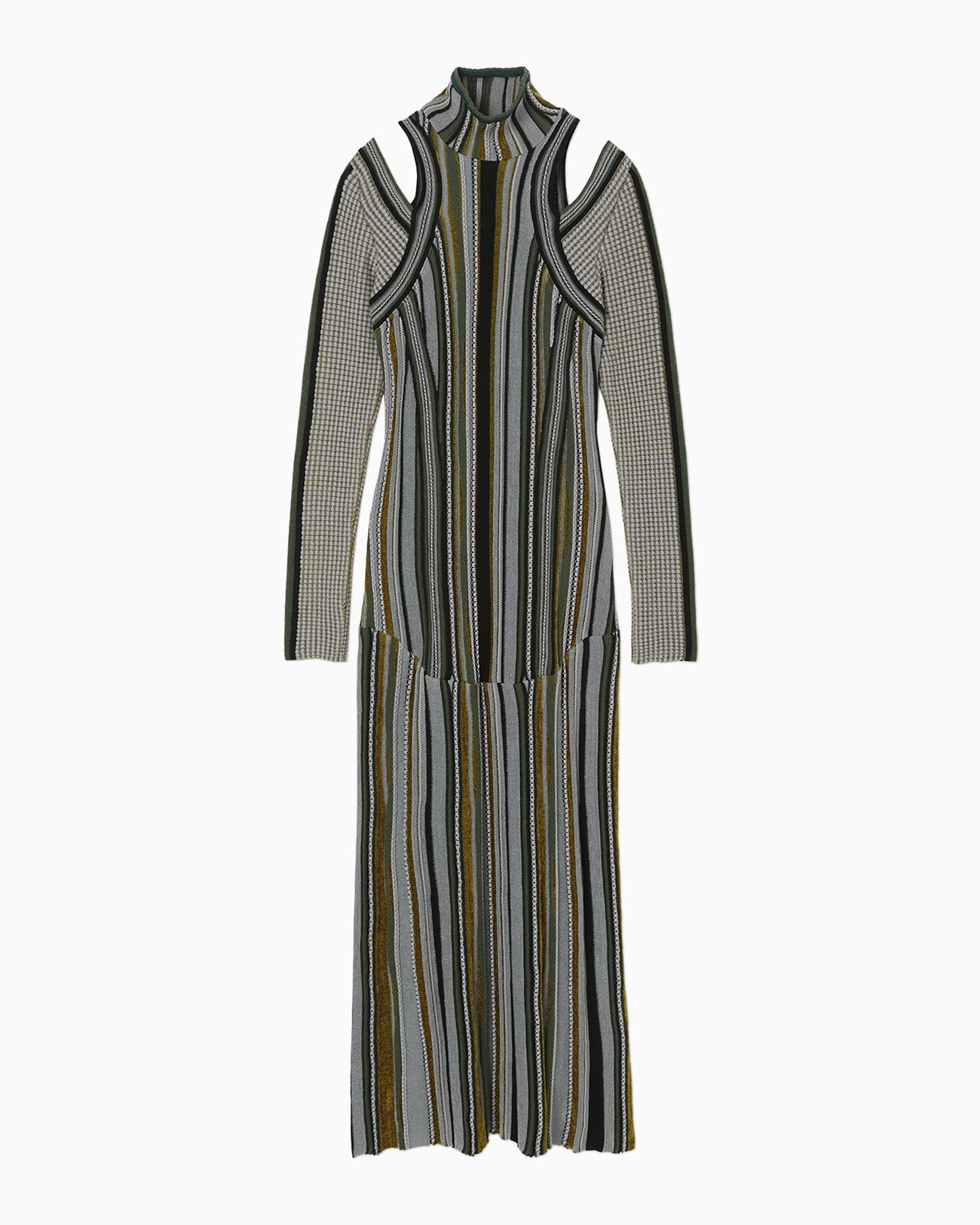 Stripe Jacquard High Neck Knitted Dress - khaki