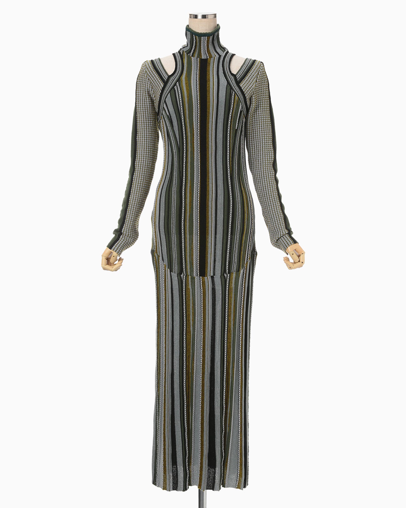 Stripe Jacquard High Neck Knitted Dress - khaki