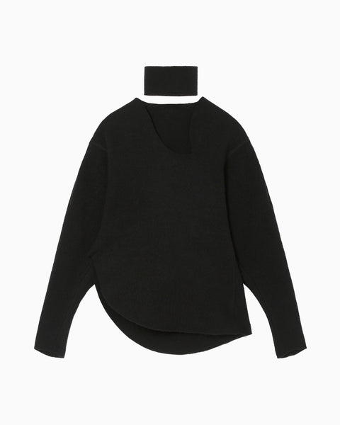 Wool Cashmere Frilled Knitted Pullover With Choker - black