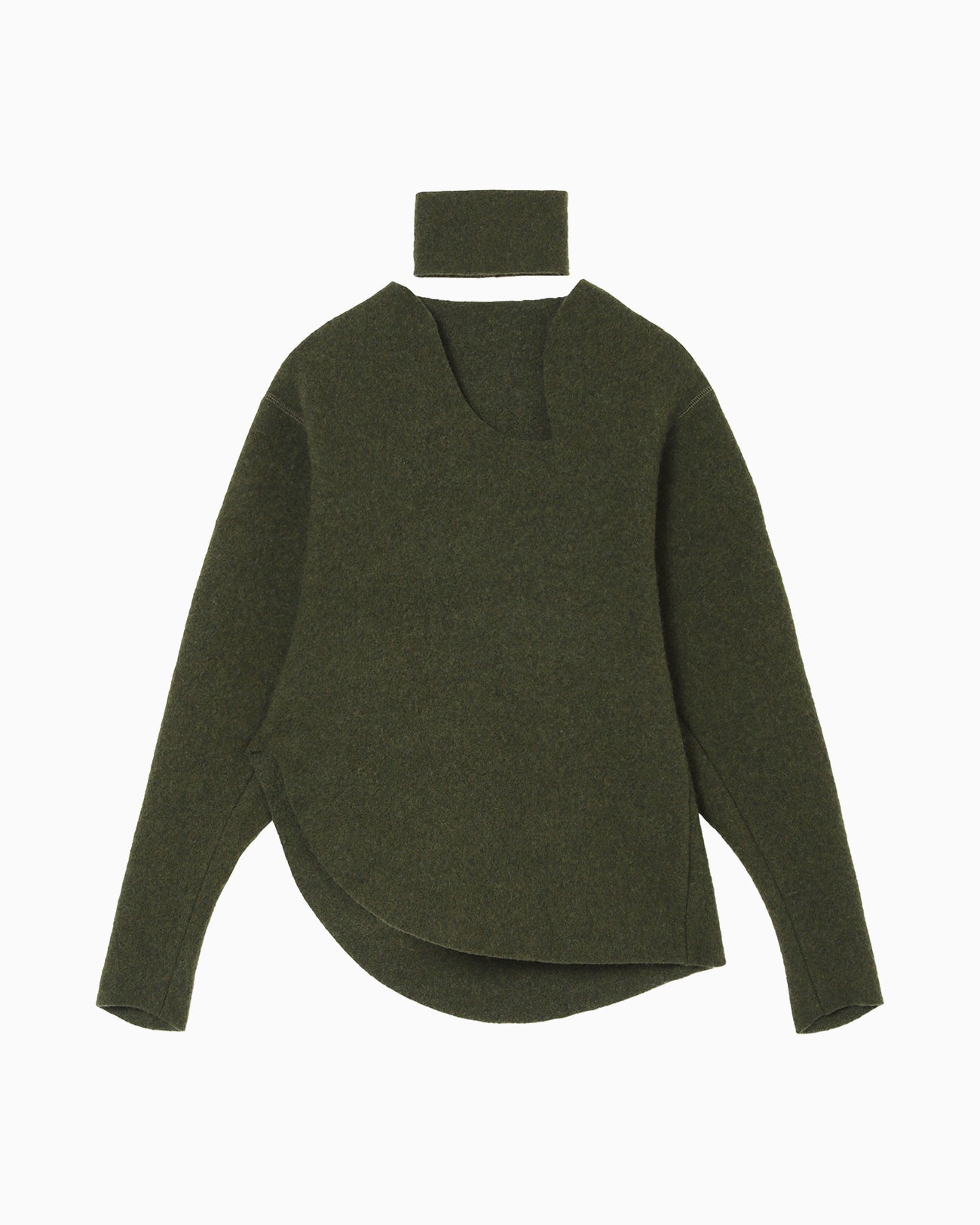 Wool Cashmere Frilled Knitted Pullover With Choker - khaki