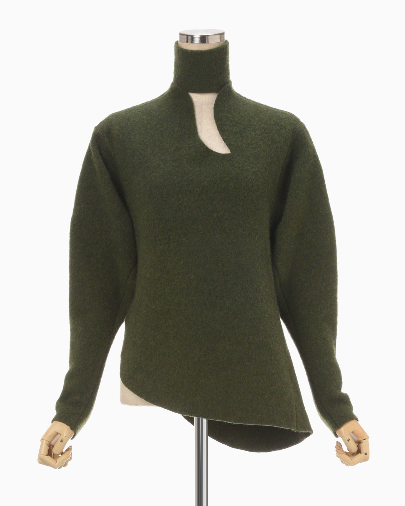 Wool Cashmere Frilled Knitted Pullover With Choker - khaki