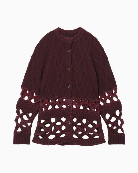 Basket Pattern Combination Knitted Cardigan - bordeaux