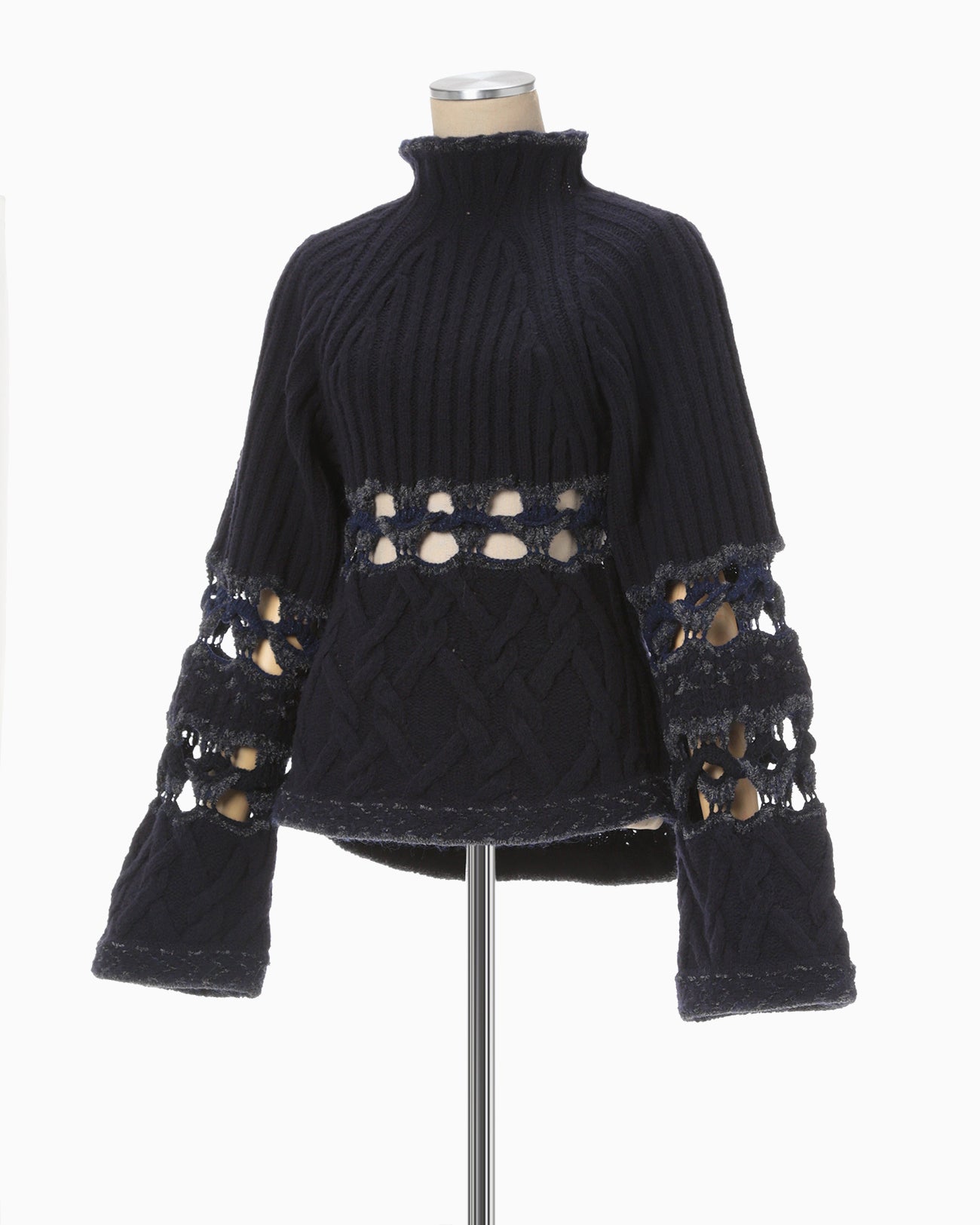 Basket Pattern Combination Knitted Pullover - navy