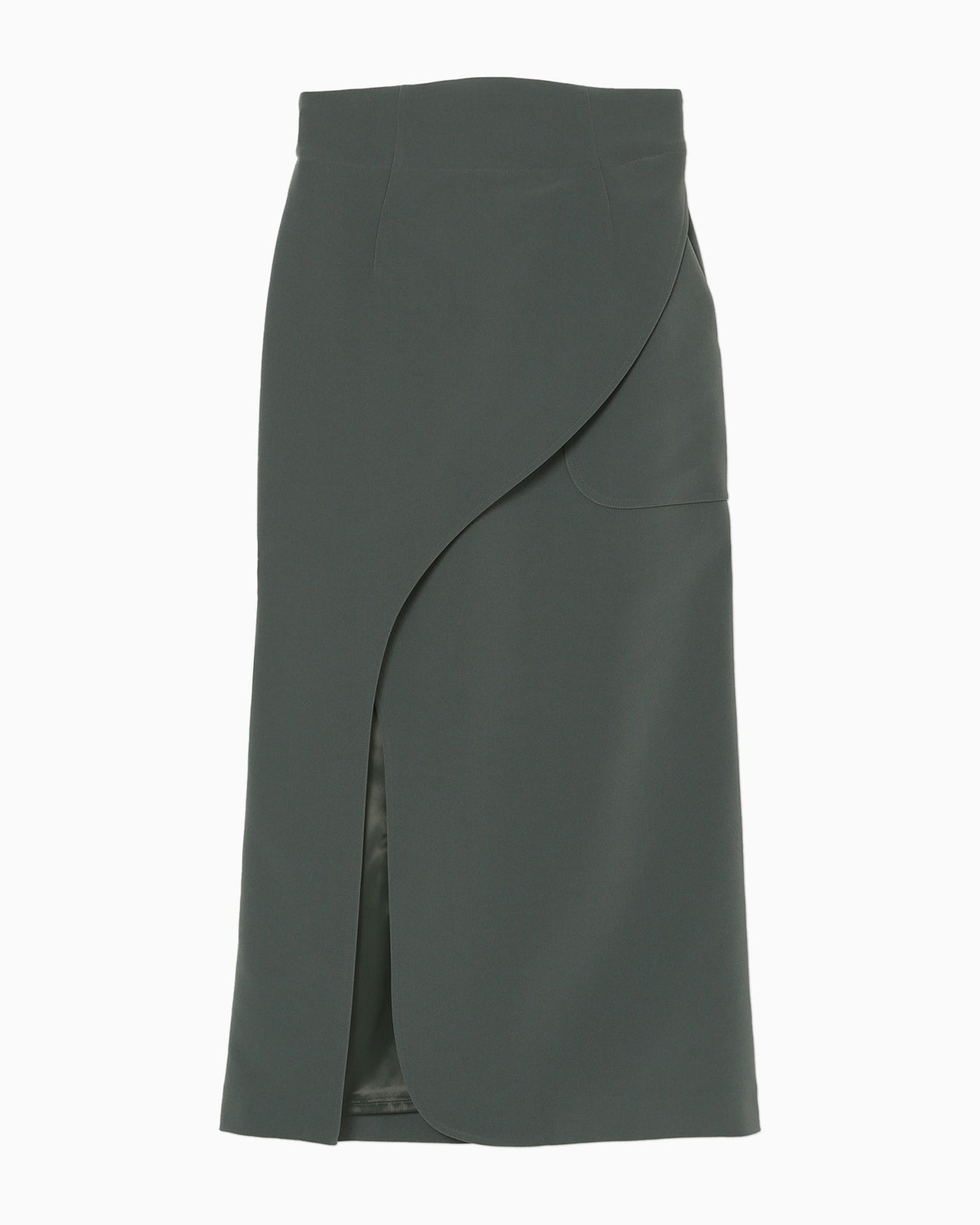 Acetate Polyester Curved Line Slit Skirt - khaki