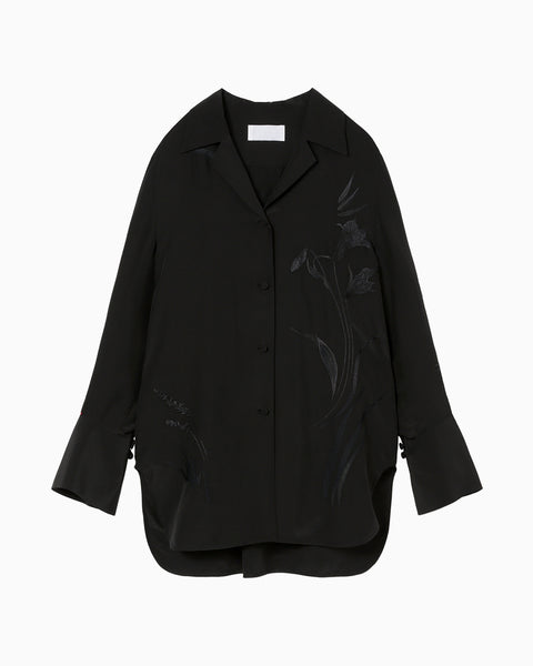 Silk Cupra Floral Embroidery Open Collar Shirt - black