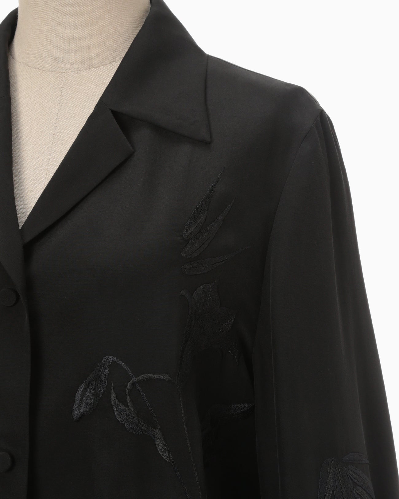 Silk Cupra Floral Embroidery Open Collar Shirt - black