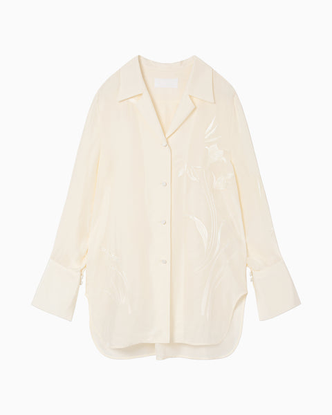 Silk Cupra Floral Embroidery Open Collar Shirt - ecru