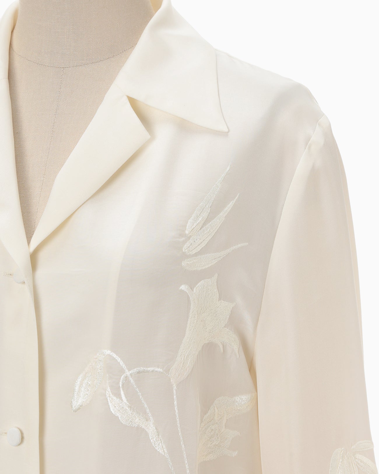 Silk Cupra Floral Embroidery Open Collar Shirt - ecru