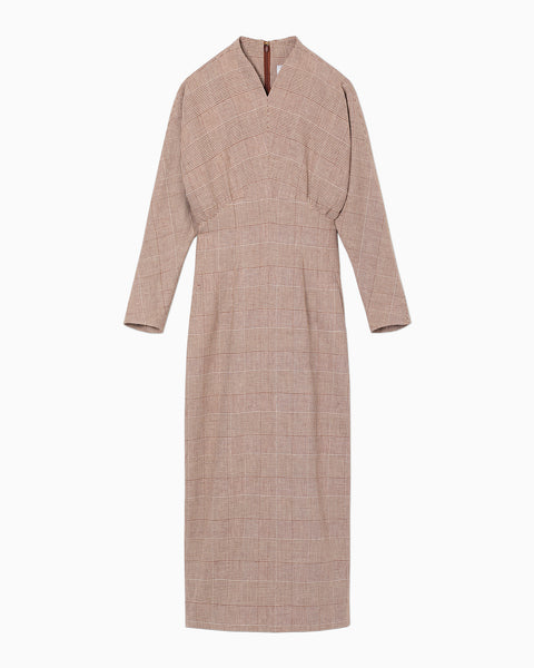 Houndstooth Geometric Plaid Dress - brown